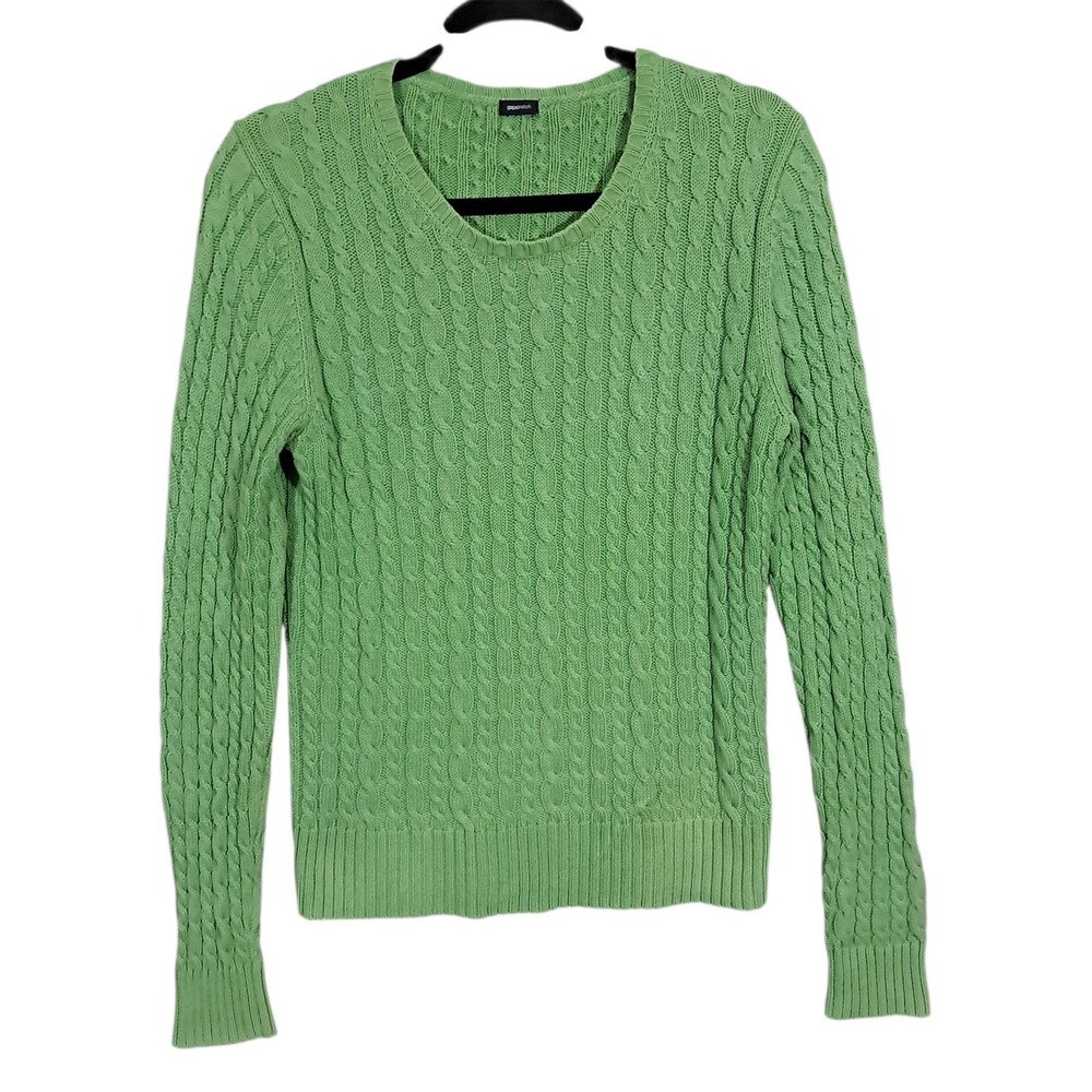 Vintage GAP Women's Medium Y2K Cable Knit Sweater Stretch Fitted Green‎ Preppy